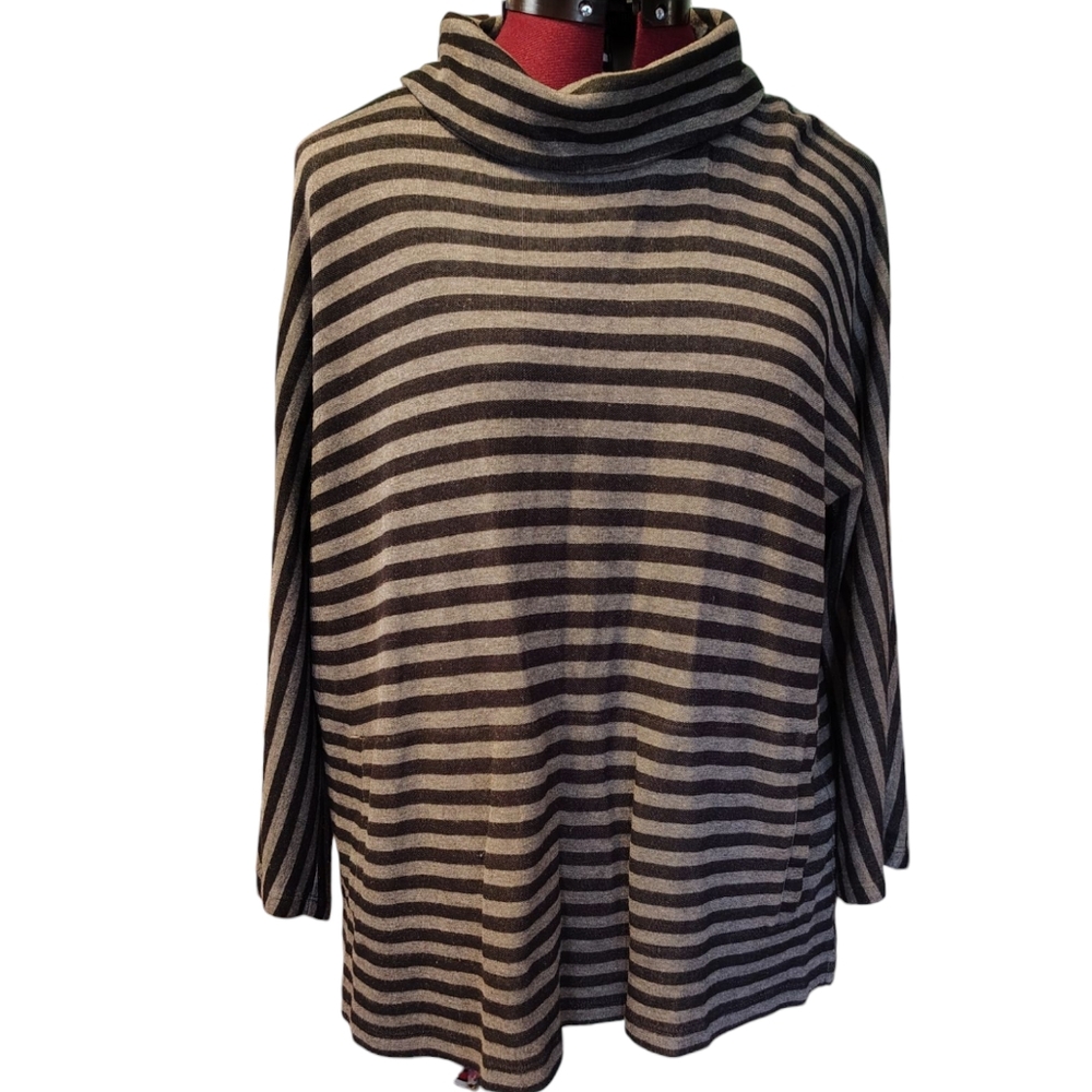 Talbots Petites Striped Black Gray Oversized Cowl Turtleneck Tunic Size Lp......